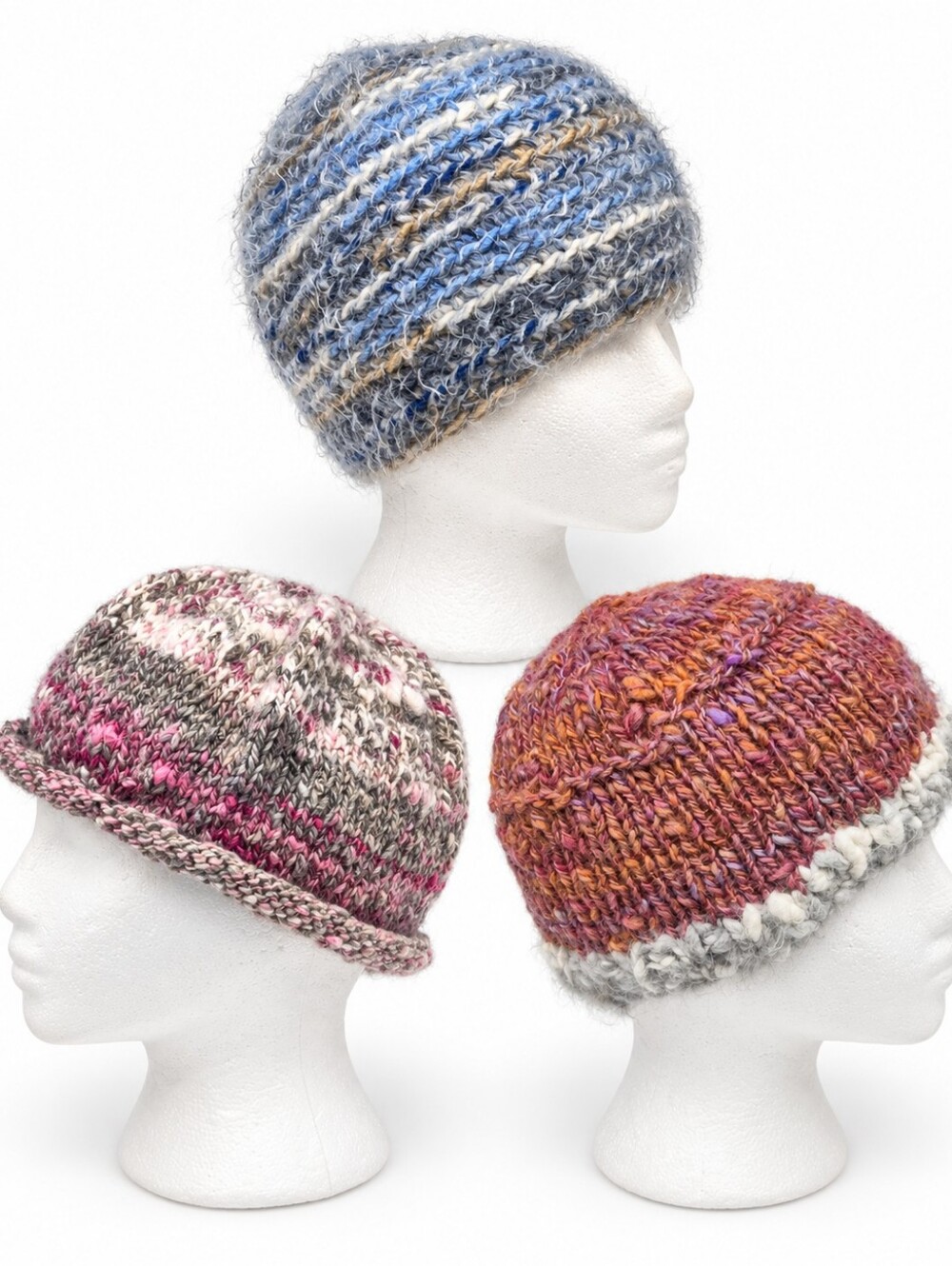 Set of 3 Hand Knit Winter Hats Beanie Caps in Soft Pinks & Blues in Earth Tones
